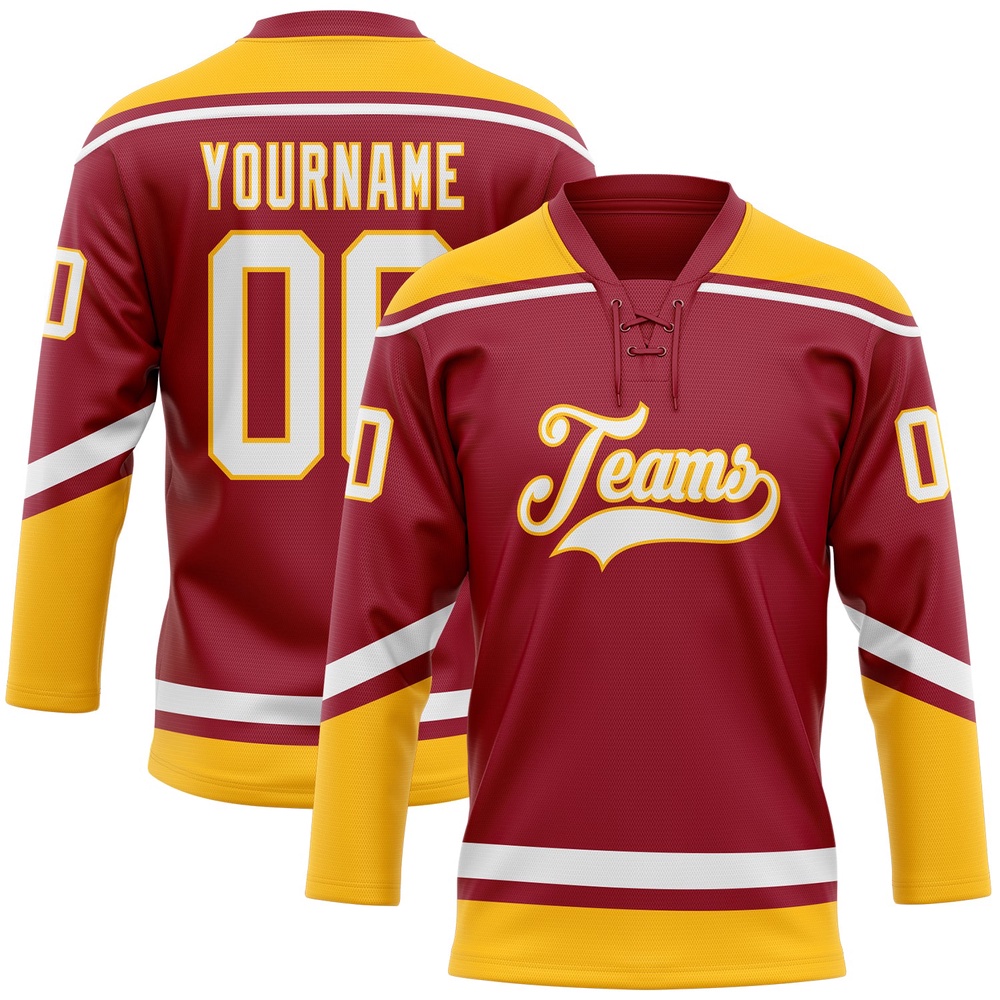 Custom Maroon White Gold Hockey Lace Neck Jersey, New Hockey Jersey, Personali Sport Team Jersey Shirt Custom Maroon White Gold Hockey Lace Neck Jersey, New Hockey Jersey, Personali Sport Team Jersey Shirt