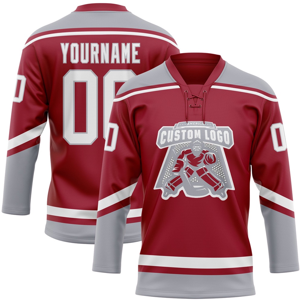 Custom Maroon White Gray Hockey Lace Neck Jersey, New Hockey Jersey, Personali Sport Team Jersey Shirt Custom Maroon White Gray Hockey Lace Neck Jersey, New Hockey Jersey, Personali Sport Team Jersey Shirt