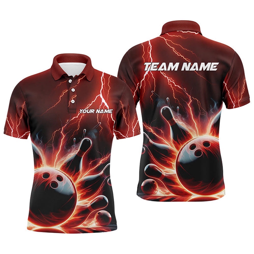 Custom Men Bowling Polo Shirts Red Thunder Lightning Bowling Strike Bowling Team Shirts, Personalized Bowling Team Shirt Custom Men Bowling Polo Shirts Red Thunder Lightning Bowling Strike Bowling Team Shirts, Personalized Bowling Team Shirt