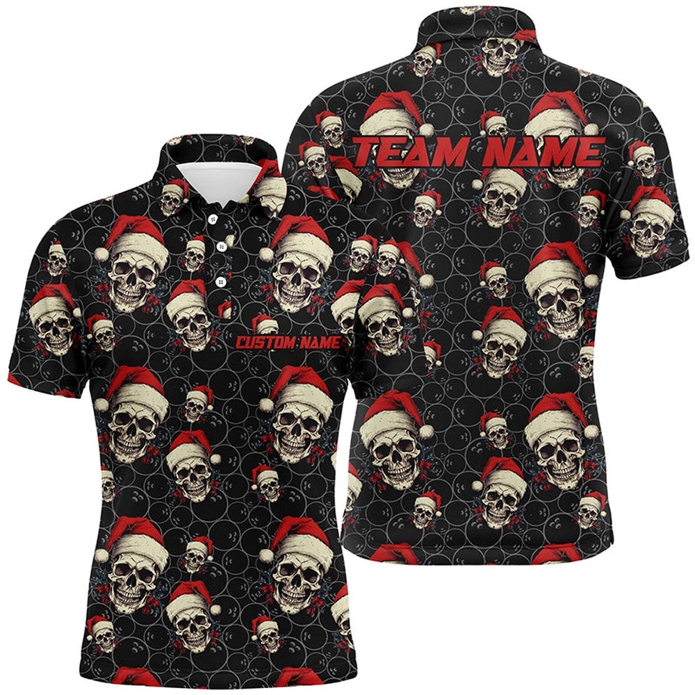 Custom Men Funny Christmas Bowling Polo Shirts Skull Christmas Gifts For Bowlers Outfit, Personalized Bowling Team Shirt Custom Men Funny Christmas Bowling Polo Shirts Skull Christmas Gifts For Bowlers Outfit, Personalized Bowling Team Shirt