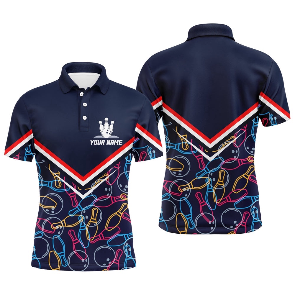 Custom Men Polo Bowling Shirt Navy Blue Bowling Pins And Ball Pattern Short Sleeve Men Bowlers, Personalized Bowling Team Shirt Custom Men Polo Bowling Shirt Navy Blue Bowling Pins And Ball Pattern Short Sleeve Men Bowlers, Personalized Bowling Team Shirt