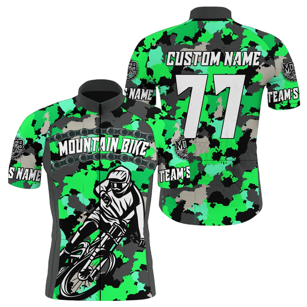 Custom Mens Cycling Jersey Green Camo Anti Uv Full Zip With 3 Pockets Motocross Road Cycle Gear, Custom Mono Cycling Jersey