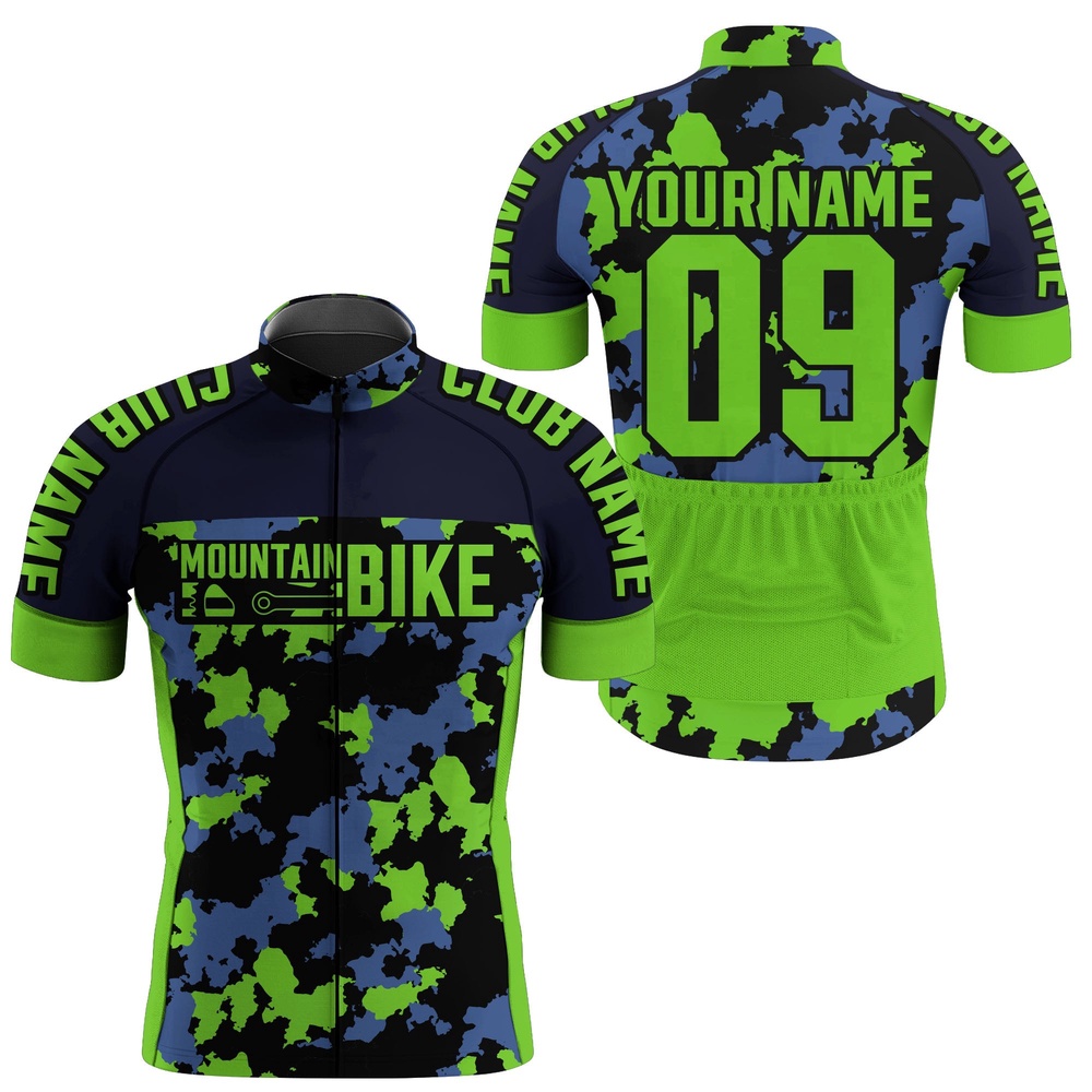 Custom Mens Cycling Jersey With 3 Pockets Green Camo Anti Uv Motocross Road Mountain Bike Gear, Custom Mono Cycling Jersey