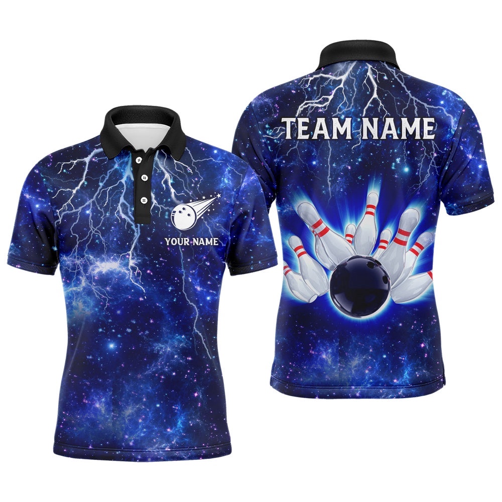 Custom Navy Bowling Polo Shirt For Men Lightning Thunder Bowling Polo Shirt Team League, Personalized Bowling Team Shirt Custom Navy Bowling Polo Shirt For Men Lightning Thunder Bowling Polo Shirt Team League, Personalized Bowling Team Shirt