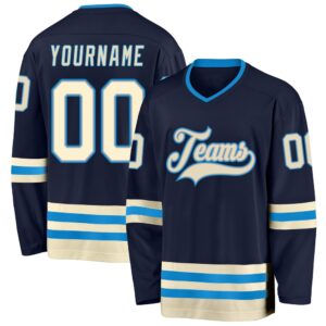 Custom Navy Cream Blue Hockey Jersey, New…