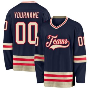 Custom Navy Cream Red Hockey Jersey, New…