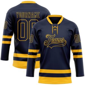 Custom Navy Gold Hockey Lace Neck Jersey,…