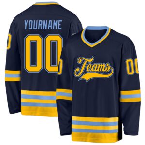 Custom Navy Gold Light Blue Hockey Jersey,…