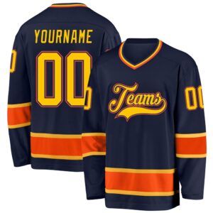 Custom Navy Gold Orange Hockey Jersey, New…