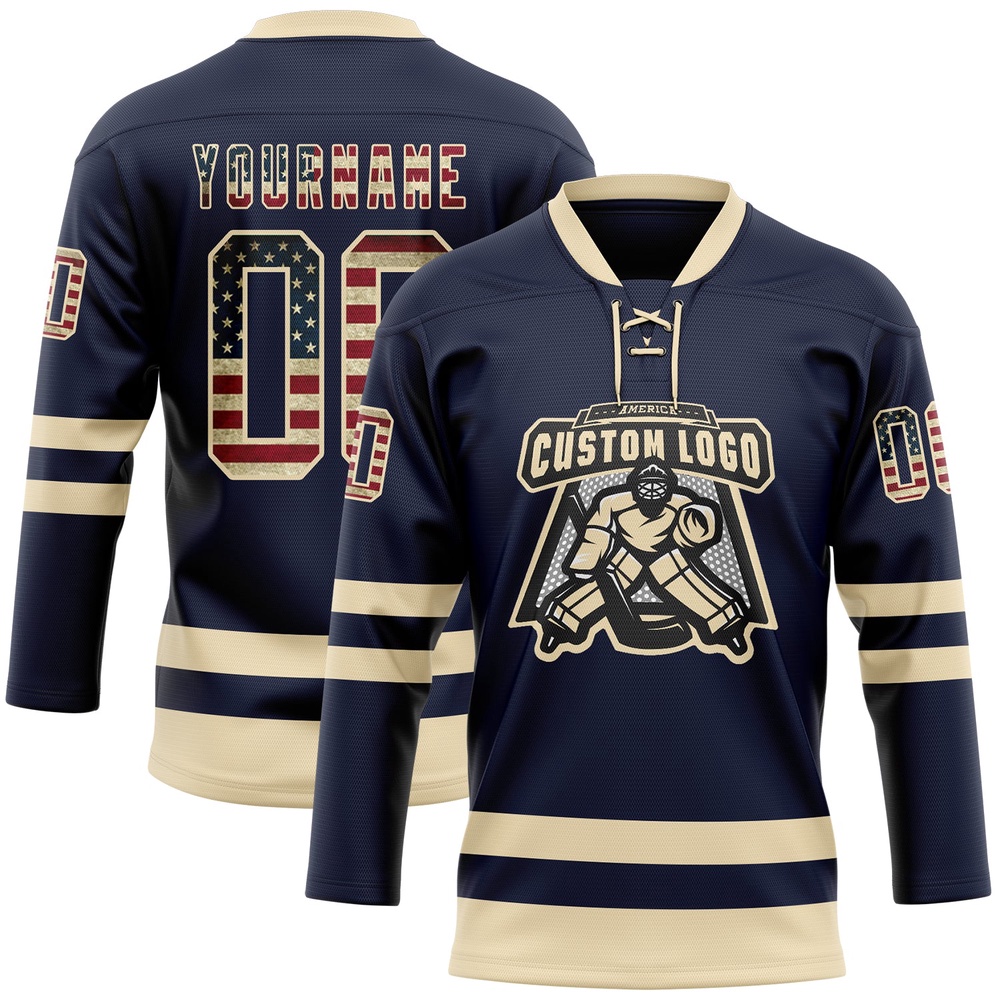 Custom Navy Vintage USA Flag Cream Hockey Lace Neck Jersey, New Hockey Jersey, Personali Sport Team Jersey Shirt Custom Navy Vintage USA Flag Cream Hockey Lace Neck Jersey, New Hockey Jersey, Personali Sport Team Jersey Shirt