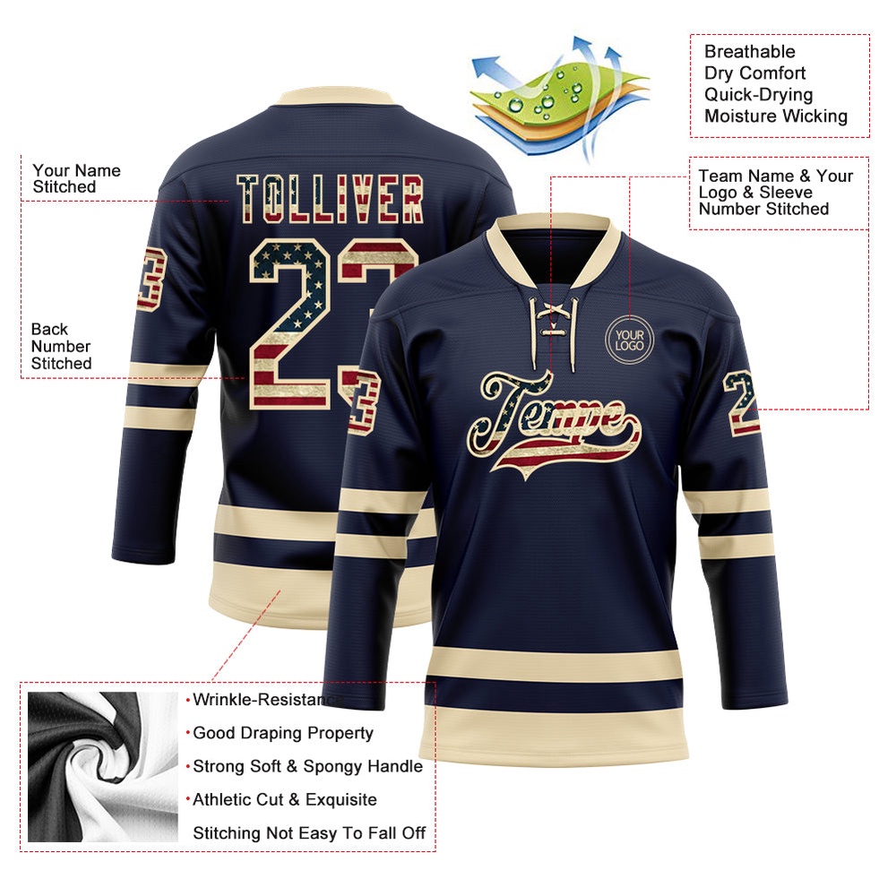Custom Navy Vintage USA Flag Cream Hockey Lace Neck Jersey, New Hockey Jersey, Personali Sport Team Jersey Shirt Custom Navy Vintage USA Flag Cream Hockey Lace Neck Jersey, New Hockey Jersey, Personali Sport Team Jersey Shirt