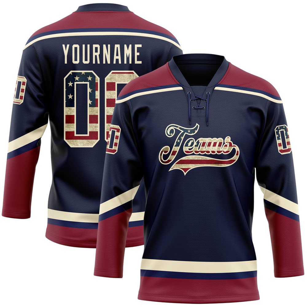 Custom Navy Vintage USA Flag Crimson Cream Hockey Lace Neck Jersey, New Hockey Jersey, Personali Sport Team Jersey Shirt Custom Navy Vintage USA Flag Crimson Cream Hockey Lace Neck Jersey, New Hockey Jersey, Personali Sport Team Jersey Shirt