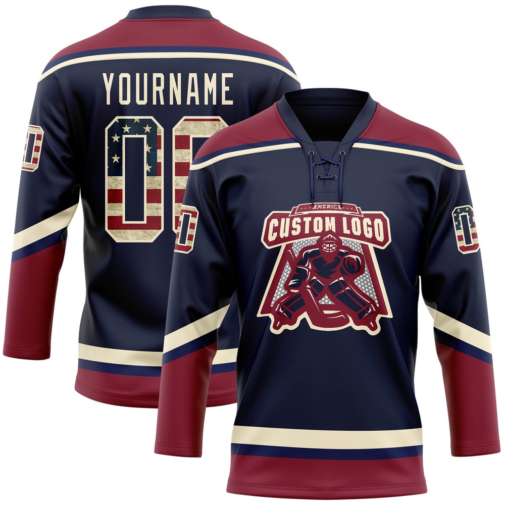 Custom Navy Vintage USA Flag Crimson Cream Hockey Lace Neck Jersey, New Hockey Jersey, Personali Sport Team Jersey Shirt Custom Navy Vintage USA Flag Crimson Cream Hockey Lace Neck Jersey, New Hockey Jersey, Personali Sport Team Jersey Shirt