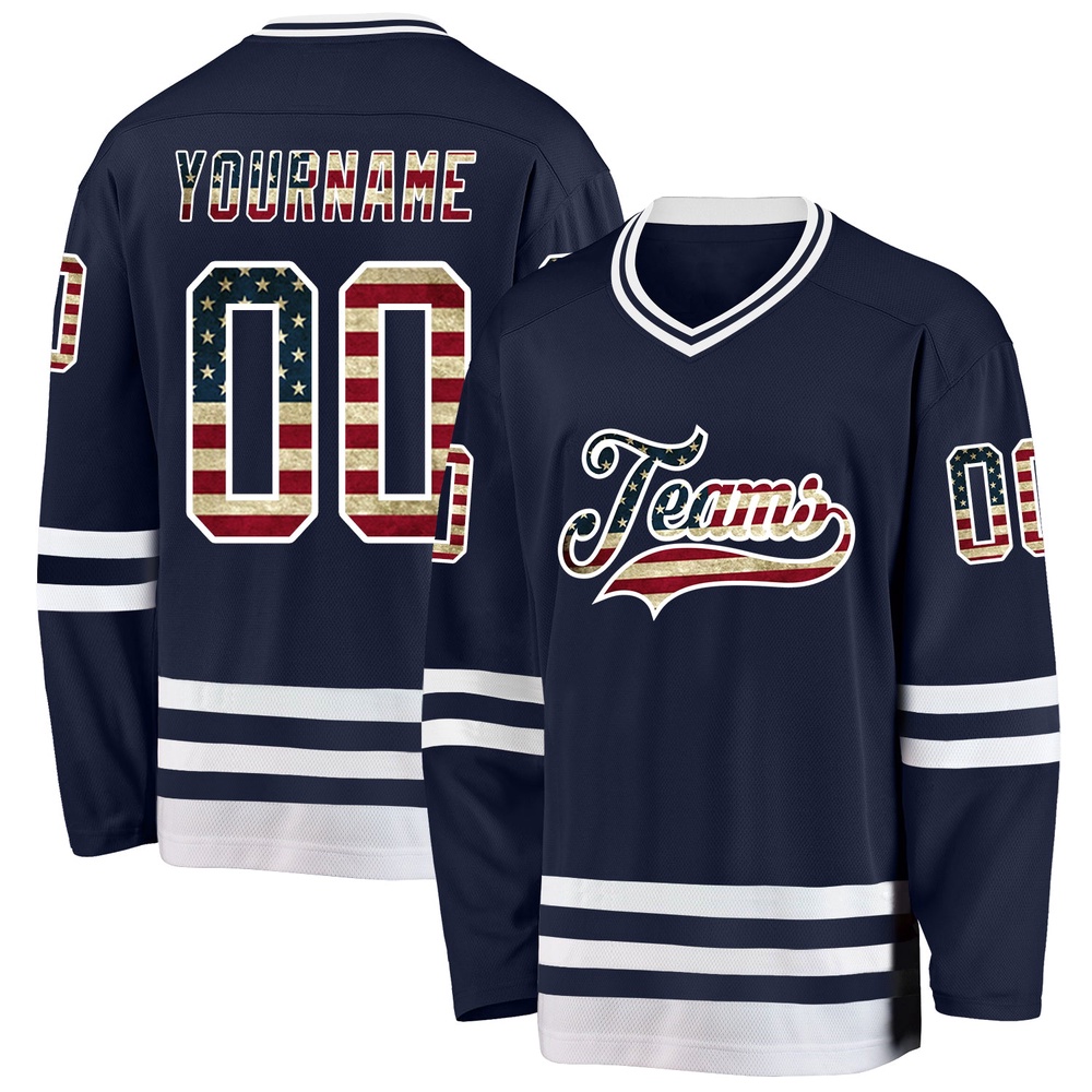 Custom Navy Vintage USA Flag White Hockey Jersey, New Hockey Jersey, Personali Sport Team Jersey Shirt Custom Navy Vintage USA Flag White Hockey Jersey, New Hockey Jersey, Personali Sport Team Jersey Shirt