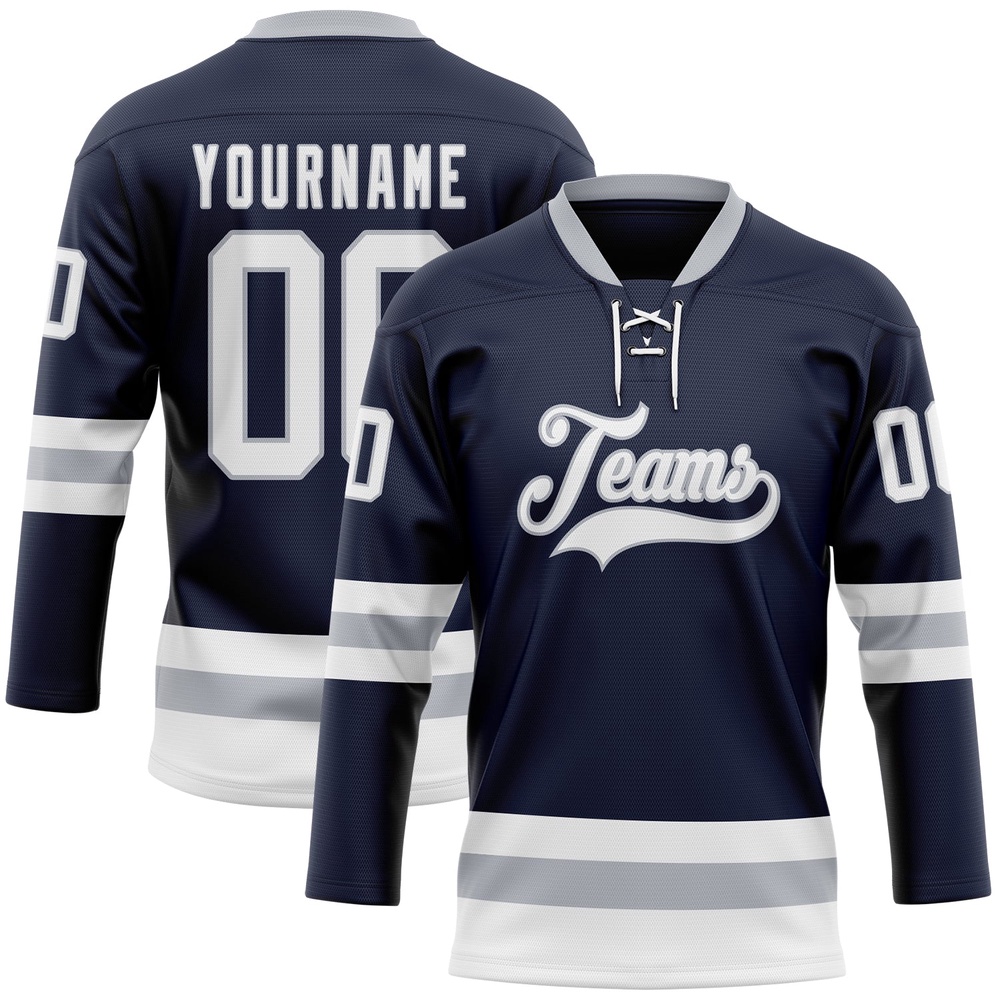 Custom Navy White Gray Hockey Lace Neck Jersey, New Hockey Jersey, Personali Sport Team Jersey Shirt Custom Navy White Gray Hockey Lace Neck Jersey, New Hockey Jersey, Personali Sport Team Jersey Shirt
