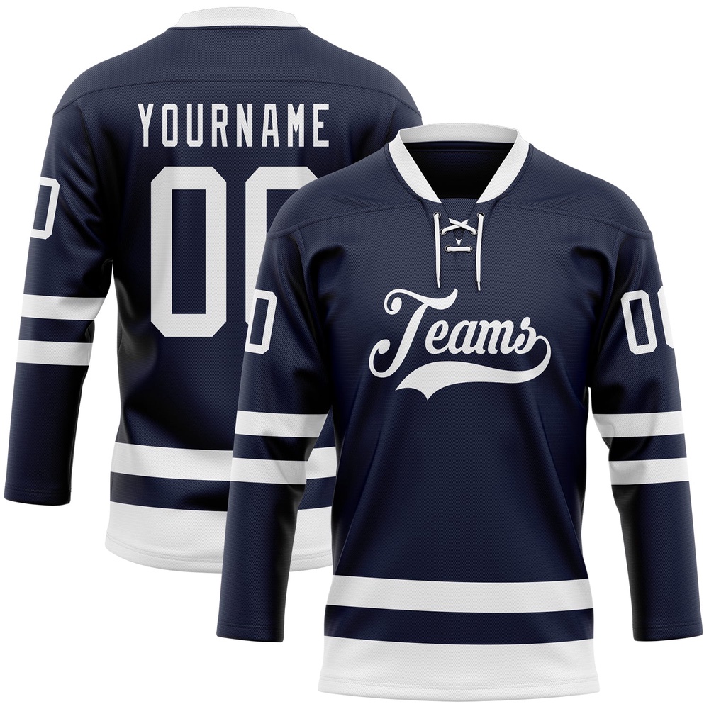 Custom Navy White Hockey Lace Neck Jersey, New Hockey Jersey, Personali Sport Team Jersey Shirt Custom Navy White Hockey Lace Neck Jersey, New Hockey Jersey, Personali Sport Team Jersey Shirt
