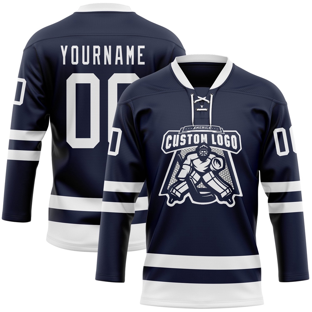 Custom Navy White Hockey Lace Neck Jersey, New Hockey Jersey, Personali Sport Team Jersey Shirt Custom Navy White Hockey Lace Neck Jersey, New Hockey Jersey, Personali Sport Team Jersey Shirt