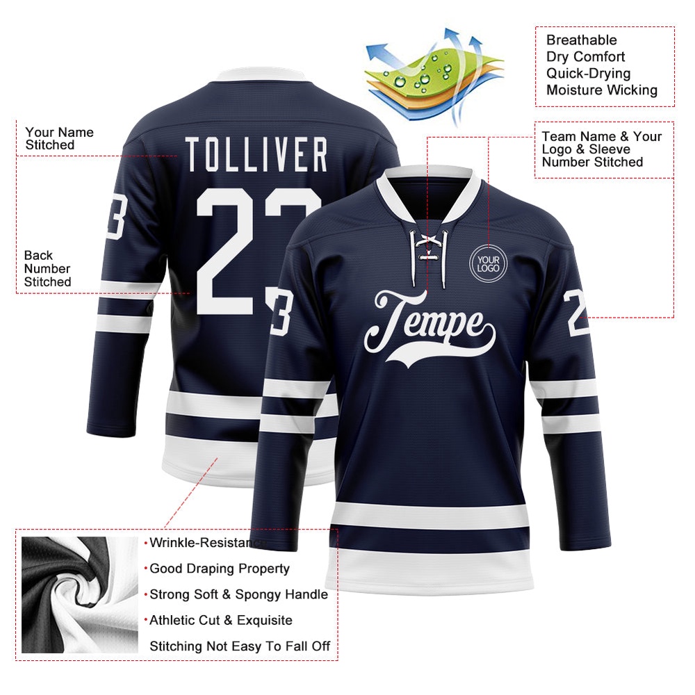 Custom Navy White Hockey Lace Neck Jersey, New Hockey Jersey, Personali Sport Team Jersey Shirt Custom Navy White Hockey Lace Neck Jersey, New Hockey Jersey, Personali Sport Team Jersey Shirt