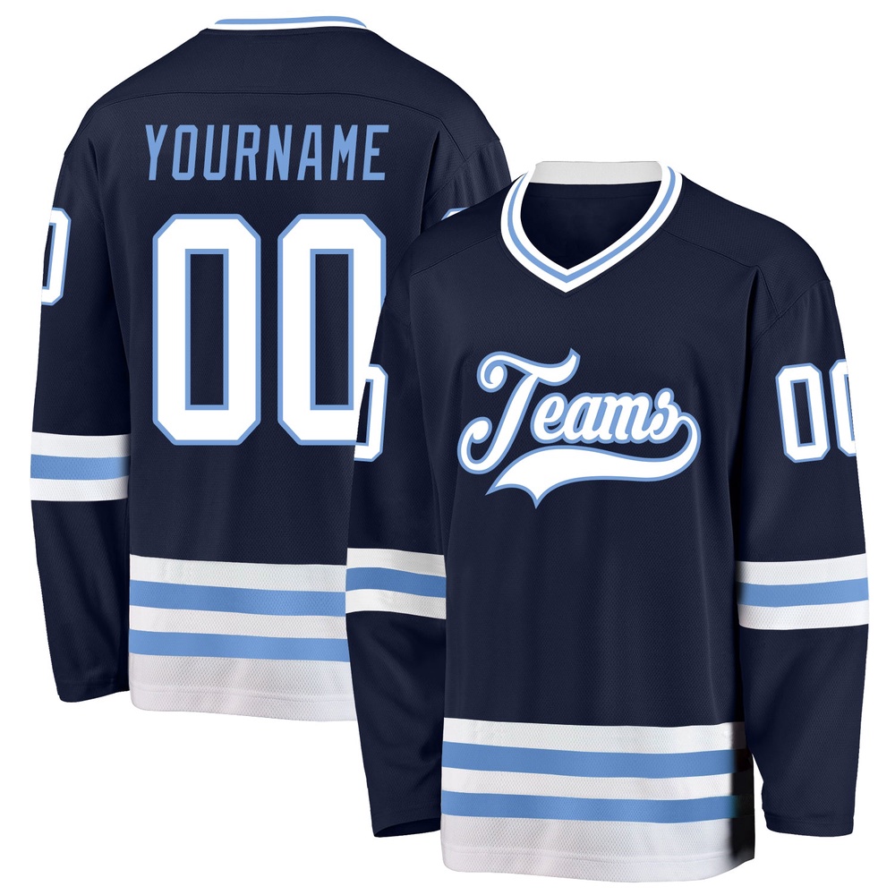 Custom Navy White Light Blue Hockey Jersey, New Hockey Jersey, Personali Sport Team Jersey Shirt Custom Navy White Light Blue Hockey Jersey, New Hockey Jersey, Personali Sport Team Jersey Shirt