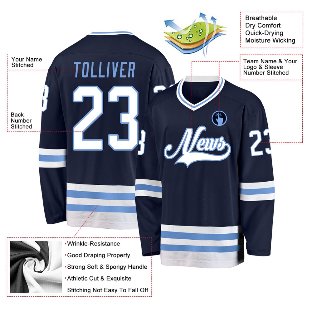Custom Navy White Light Blue Hockey Jersey, New Hockey Jersey, Personali Sport Team Jersey Shirt Custom Navy White Light Blue Hockey Jersey, New Hockey Jersey, Personali Sport Team Jersey Shirt