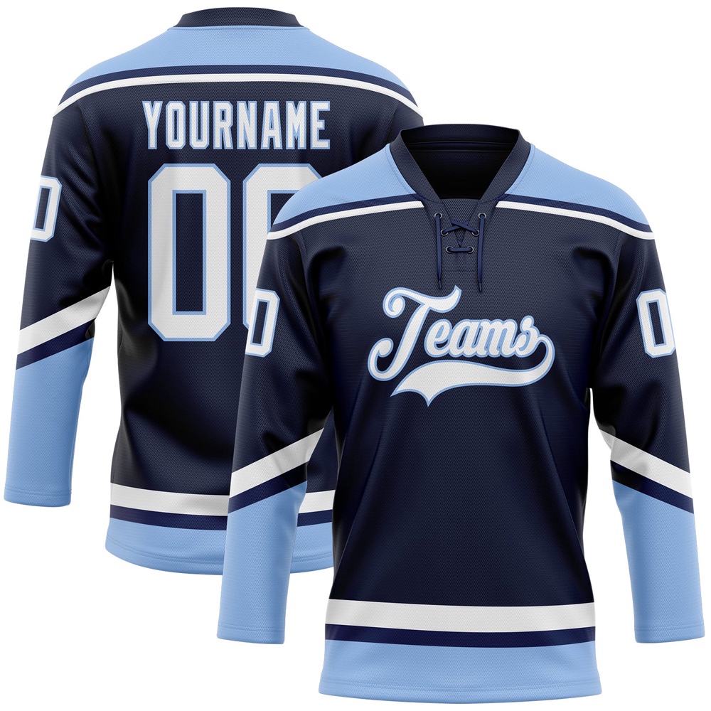 Custom Navy White Light Blue Hockey Lace Neck Jersey, New Hockey Jersey, Personali Sport Team Jersey Shirt Custom Navy White Light Blue Hockey Lace Neck Jersey, New Hockey Jersey, Personali Sport Team Jersey Shirt