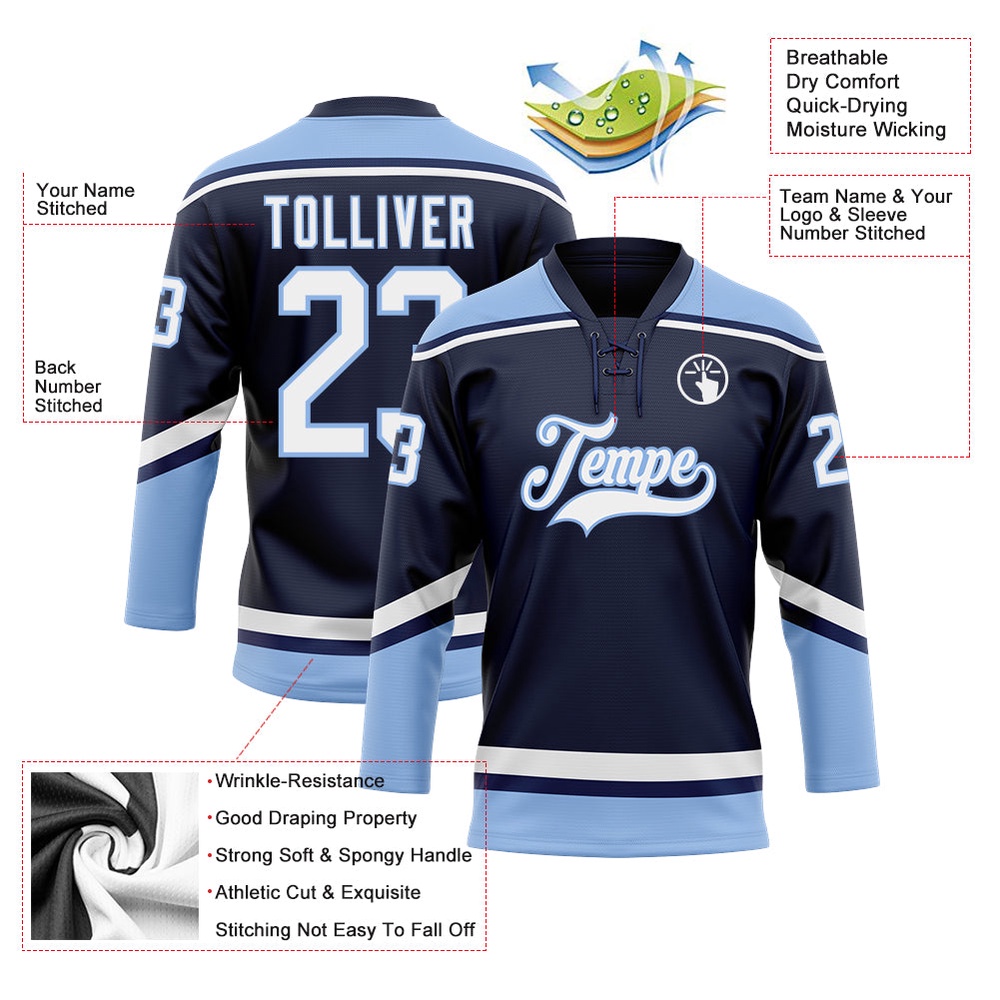 Custom Navy White Light Blue Hockey Lace Neck Jersey, New Hockey Jersey, Personali Sport Team Jersey Shirt Custom Navy White Light Blue Hockey Lace Neck Jersey, New Hockey Jersey, Personali Sport Team Jersey Shirt