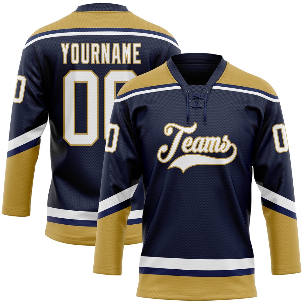 Custom Navy White Old Gold Hockey Lace Neck Jersey, New Hockey Jersey, Personali Sport Team Jersey Shirt Custom Navy White Old Gold Hockey Lace Neck Jersey, New Hockey Jersey, Personali Sport Team Jersey Shirt