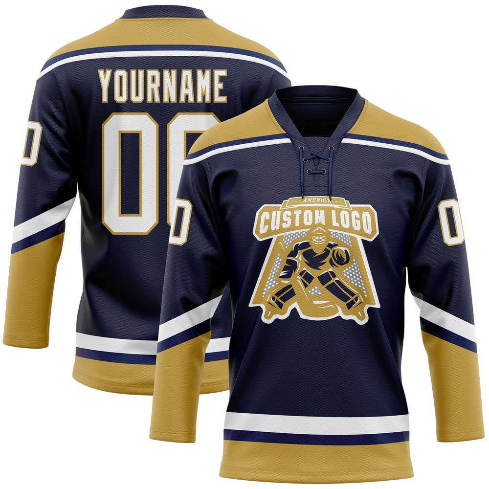 Custom Navy White Old Gold Hockey Lace Neck Jersey, New Hockey Jersey, Personali Sport Team Jersey Shirt Custom Navy White Old Gold Hockey Lace Neck Jersey, New Hockey Jersey, Personali Sport Team Jersey Shirt