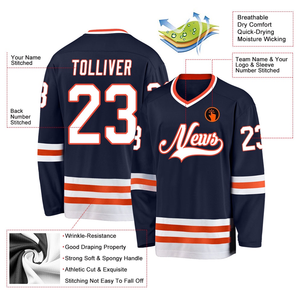 Custom Navy White Orange Hockey Jersey, New Hockey Jersey, Personali Sport Team Jersey Shirt Custom Navy White Orange Hockey Jersey, New Hockey Jersey, Personali Sport Team Jersey Shirt
