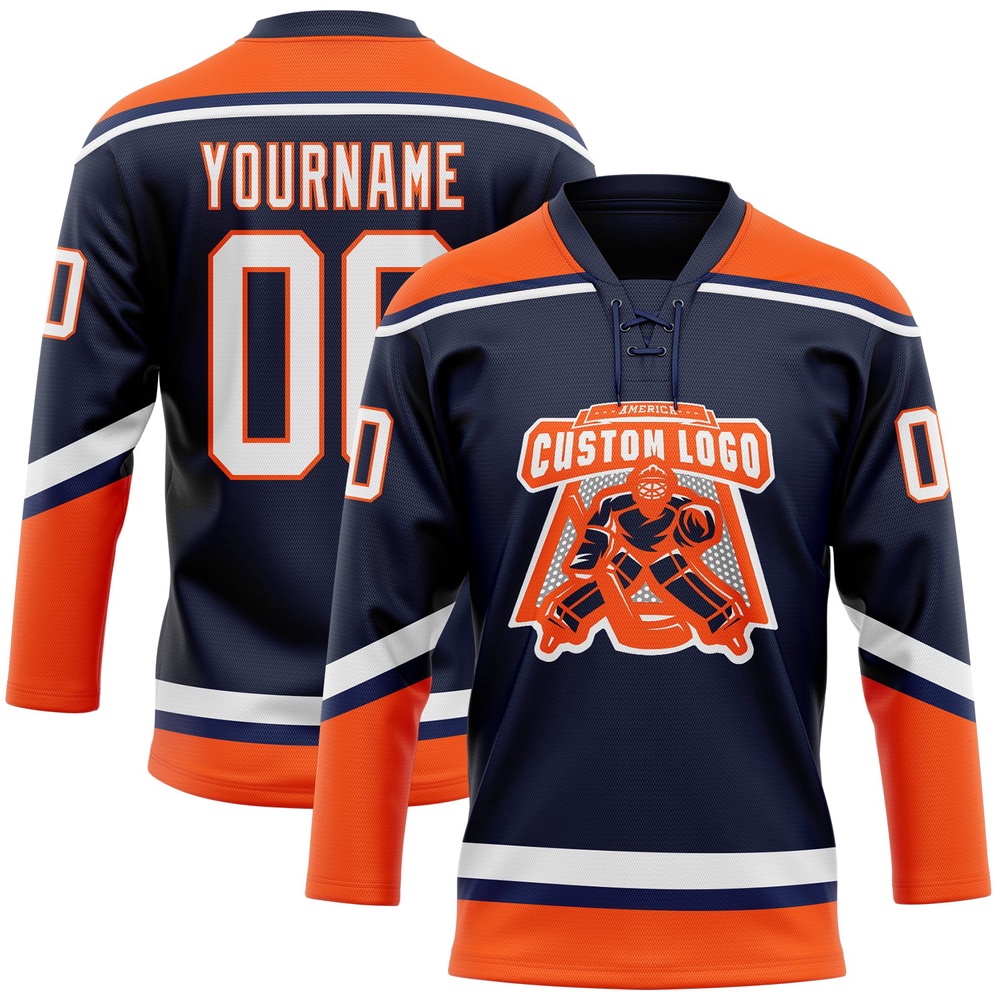 Custom Navy White Orange Hockey Lace Neck Jersey, New Hockey Jersey, Personali Sport Team Jersey Shirt Custom Navy White Orange Hockey Lace Neck Jersey, New Hockey Jersey, Personali Sport Team Jersey Shirt