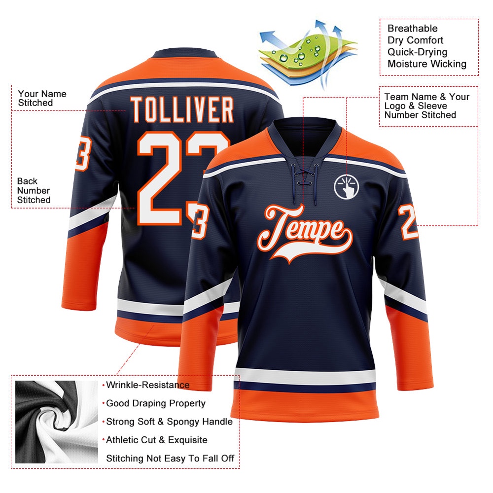 Custom Navy White Orange Hockey Lace Neck Jersey, New Hockey Jersey, Personali Sport Team Jersey Shirt Custom Navy White Orange Hockey Lace Neck Jersey, New Hockey Jersey, Personali Sport Team Jersey Shirt