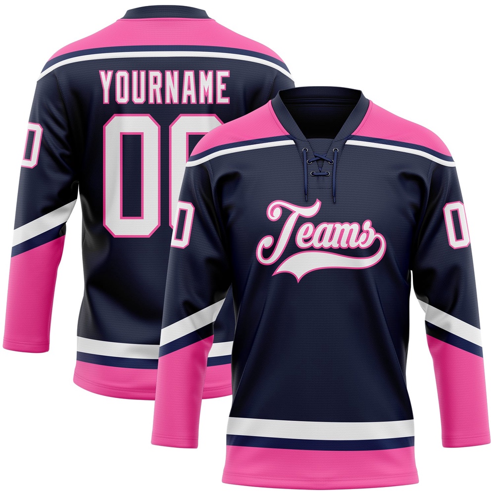 Custom Navy White Pink Hockey Lace Neck Jersey, New Hockey Jersey, Personali Sport Team Jersey Shirt Custom Navy White Pink Hockey Lace Neck Jersey, New Hockey Jersey, Personali Sport Team Jersey Shirt