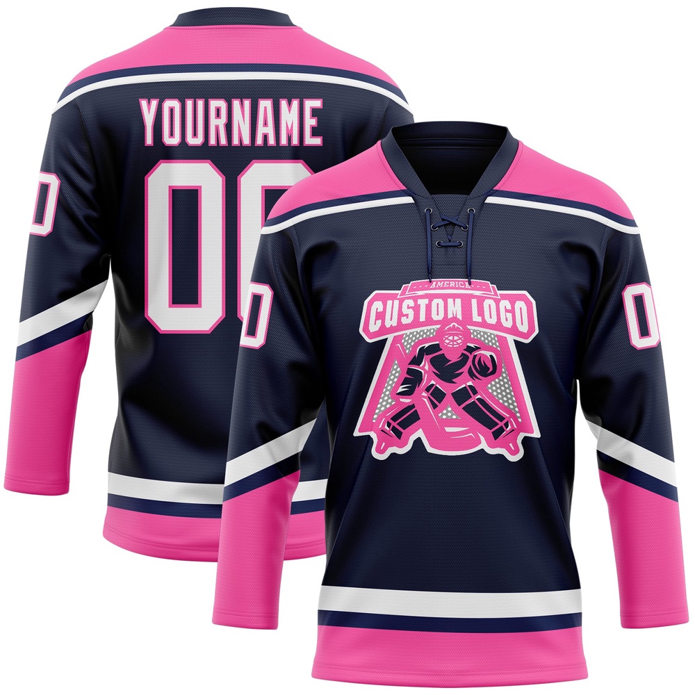 Custom Navy White Pink Hockey Lace Neck Jersey, New Hockey Jersey, Personali Sport Team Jersey Shirt Custom Navy White Pink Hockey Lace Neck Jersey, New Hockey Jersey, Personali Sport Team Jersey Shirt