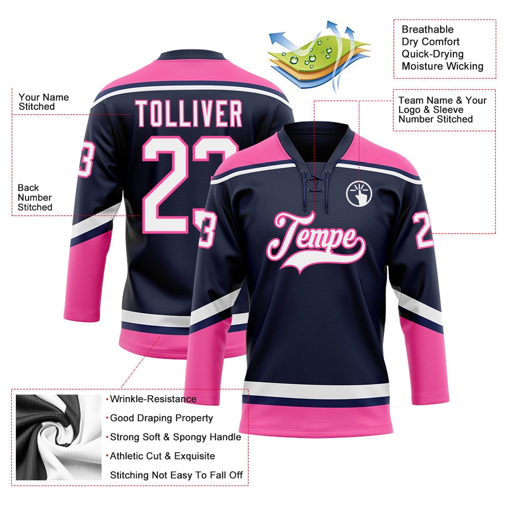 Custom Navy White Pink Hockey Lace Neck Jersey, New Hockey Jersey, Personali Sport Team Jersey Shirt Custom Navy White Pink Hockey Lace Neck Jersey, New Hockey Jersey, Personali Sport Team Jersey Shirt