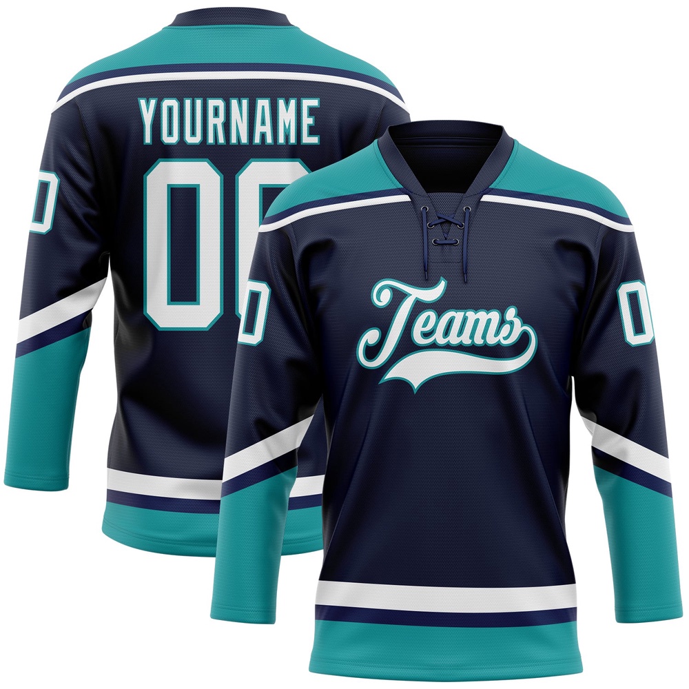 Custom Navy White Teal Hockey Lace Neck Jersey, New Hockey Jersey, Personali Sport Team Jersey Shirt Custom Navy White Teal Hockey Lace Neck Jersey, New Hockey Jersey, Personali Sport Team Jersey Shirt