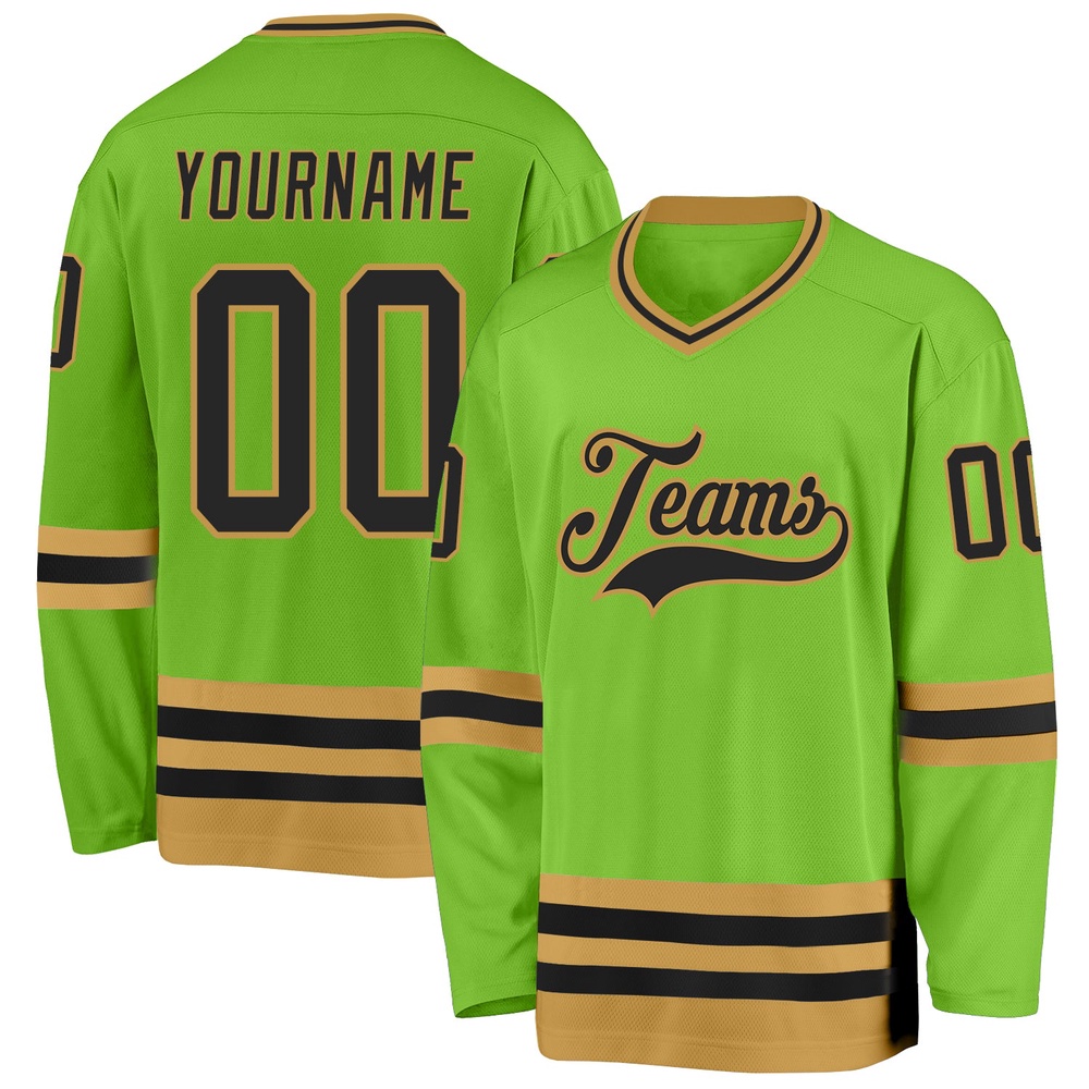 Custom Neon Green Black Old Gold Hockey Jersey, New Hockey Jersey, Personali Sport Team Jersey Shirt Custom Neon Green Black Old Gold Hockey Jersey, New Hockey Jersey, Personali Sport Team Jersey Shirt