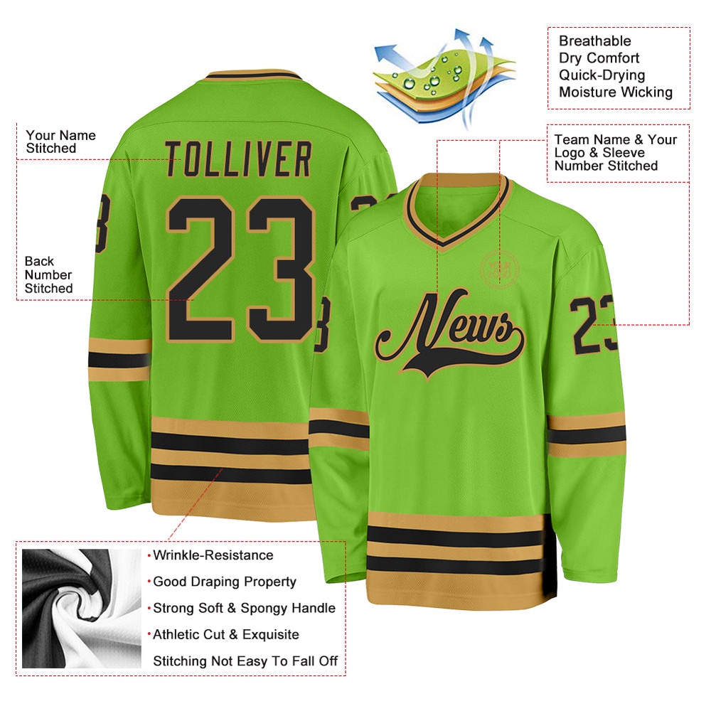 Custom Neon Green Black Old Gold Hockey Jersey, New Hockey Jersey, Personali Sport Team Jersey Shirt Custom Neon Green Black Old Gold Hockey Jersey, New Hockey Jersey, Personali Sport Team Jersey Shirt