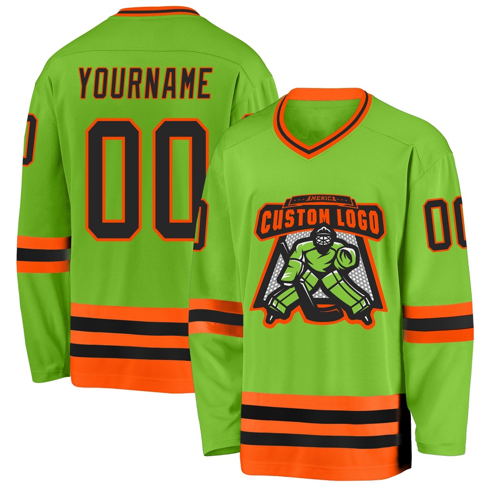 Custom Neon Green Black Orange Hockey Jersey, New Hockey Jersey, Personali Sport Team Jersey Shirt Custom Neon Green Black Orange Hockey Jersey, New Hockey Jersey, Personali Sport Team Jersey Shirt