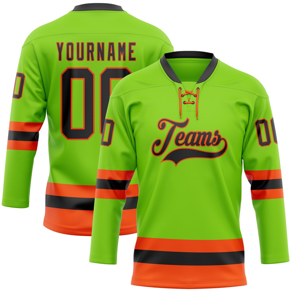 Custom Neon Green Black Orange Hockey Lace Neck Jersey, New Hockey Jersey, Personali Sport Team Jersey Shirt Custom Neon Green Black Orange Hockey Lace Neck Jersey, New Hockey Jersey, Personali Sport Team Jersey Shirt