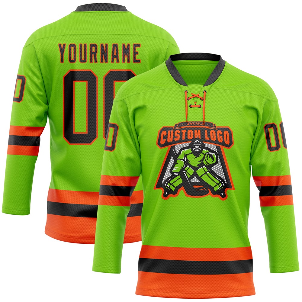 Custom Neon Green Black Orange Hockey Lace Neck Jersey, New Hockey Jersey, Personali Sport Team Jersey Shirt Custom Neon Green Black Orange Hockey Lace Neck Jersey, New Hockey Jersey, Personali Sport Team Jersey Shirt