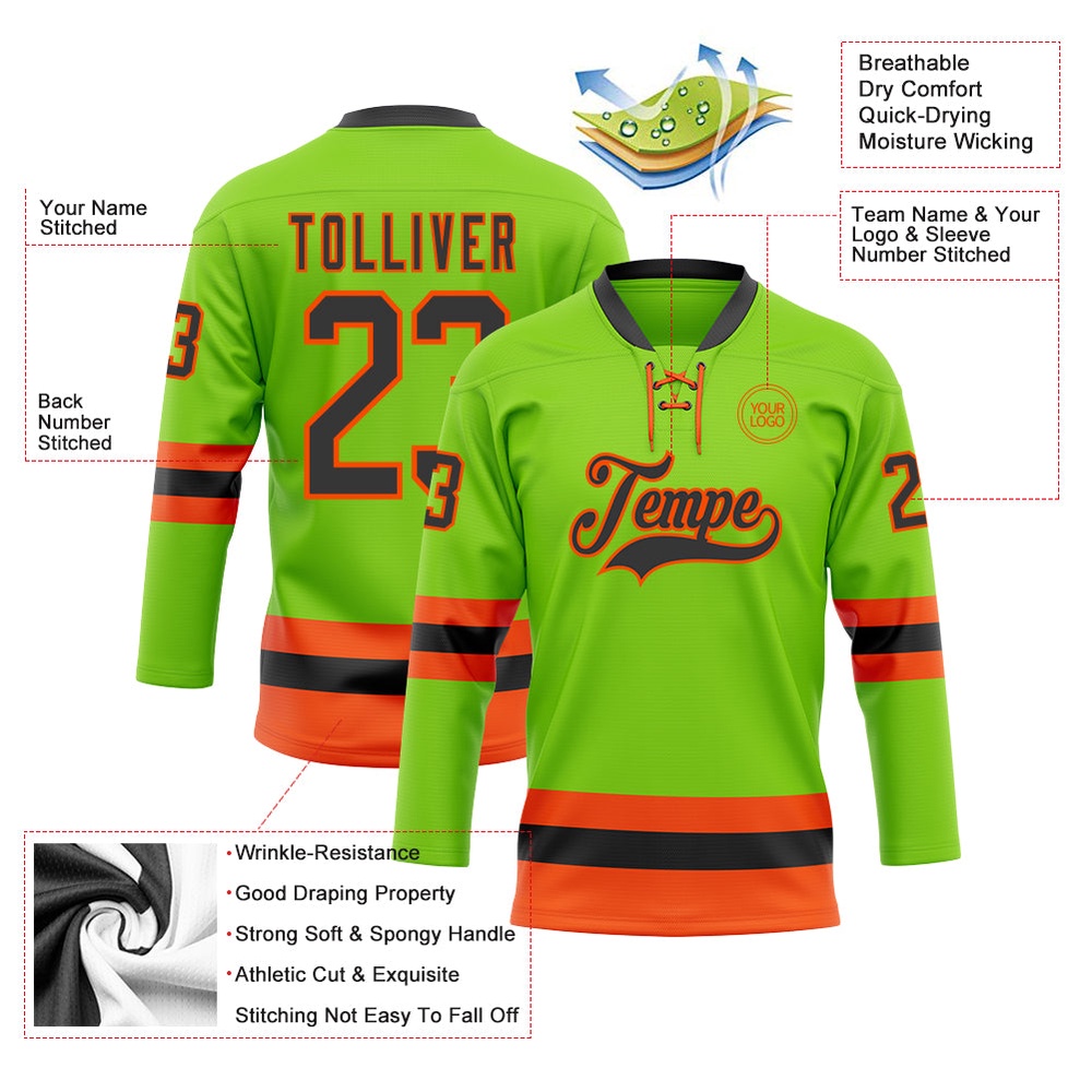 Custom Neon Green Black Orange Hockey Lace Neck Jersey, New Hockey Jersey, Personali Sport Team Jersey Shirt Custom Neon Green Black Orange Hockey Lace Neck Jersey, New Hockey Jersey, Personali Sport Team Jersey Shirt