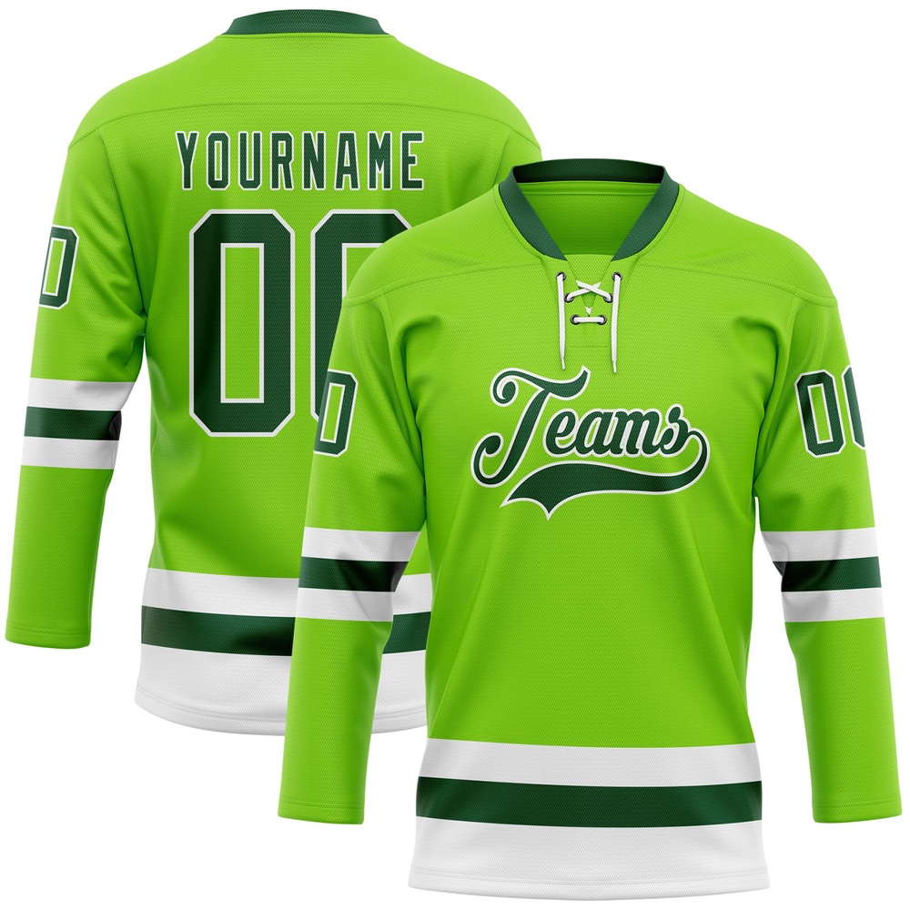 Custom Neon Green Green White Hockey Lace Neck Jersey, New Hockey Jersey, Personali Sport Team Jersey Shirt Custom Neon Green Green White Hockey Lace Neck Jersey, New Hockey Jersey, Personali Sport Team Jersey Shirt