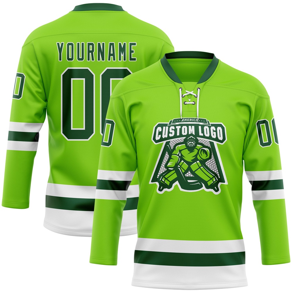 Custom Neon Green Green White Hockey Lace Neck Jersey, New Hockey Jersey, Personali Sport Team Jersey Shirt Custom Neon Green Green White Hockey Lace Neck Jersey, New Hockey Jersey, Personali Sport Team Jersey Shirt