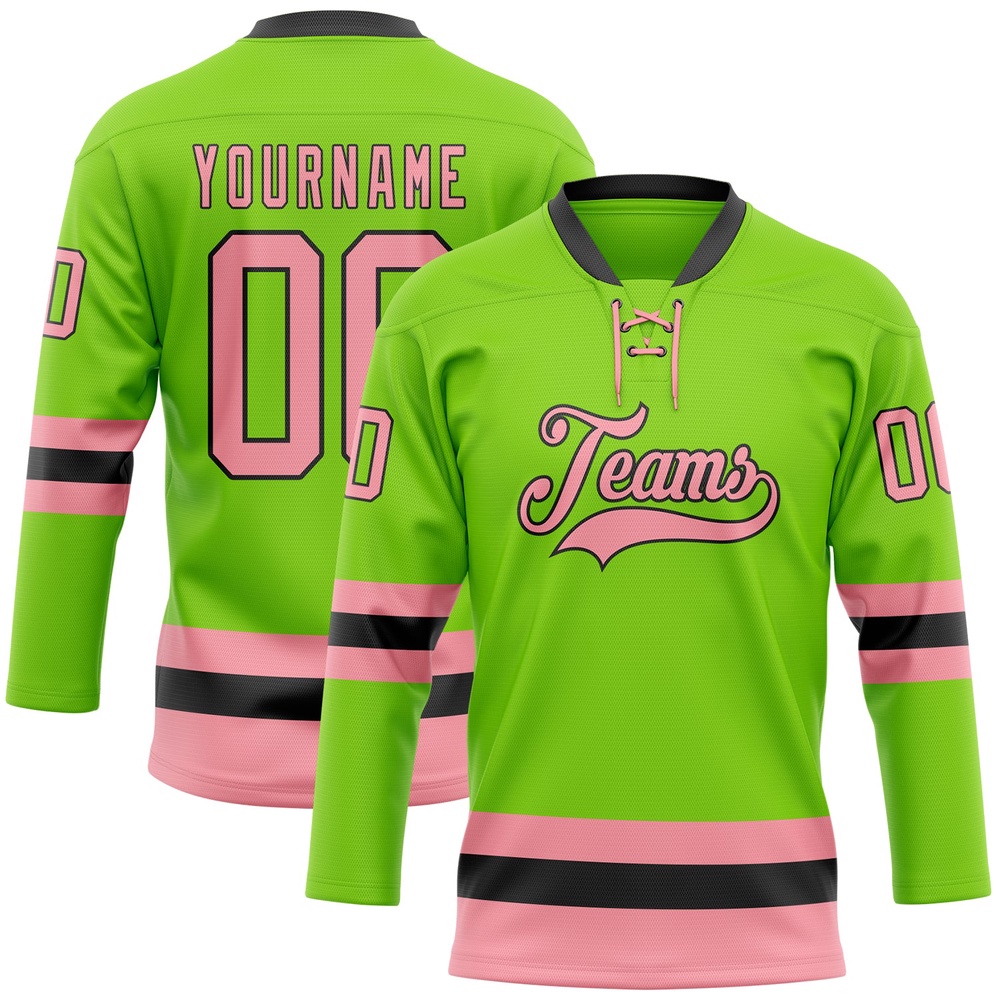 Custom Neon Green Medium Pink Black Hockey Lace Neck Jersey, New Hockey Jersey, Personali Sport Team Jersey Shirt Custom Neon Green Medium Pink Black Hockey Lace Neck Jersey, New Hockey Jersey, Personali Sport Team Jersey Shirt