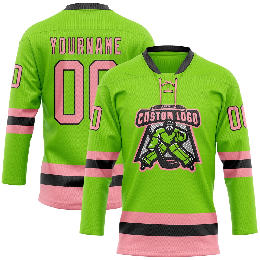 Custom Neon Green Medium Pink Black Hockey Lace Neck Jersey, New Hockey Jersey, Personali Sport Team Jersey Shirt Custom Neon Green Medium Pink Black Hockey Lace Neck Jersey, New Hockey Jersey, Personali Sport Team Jersey Shirt