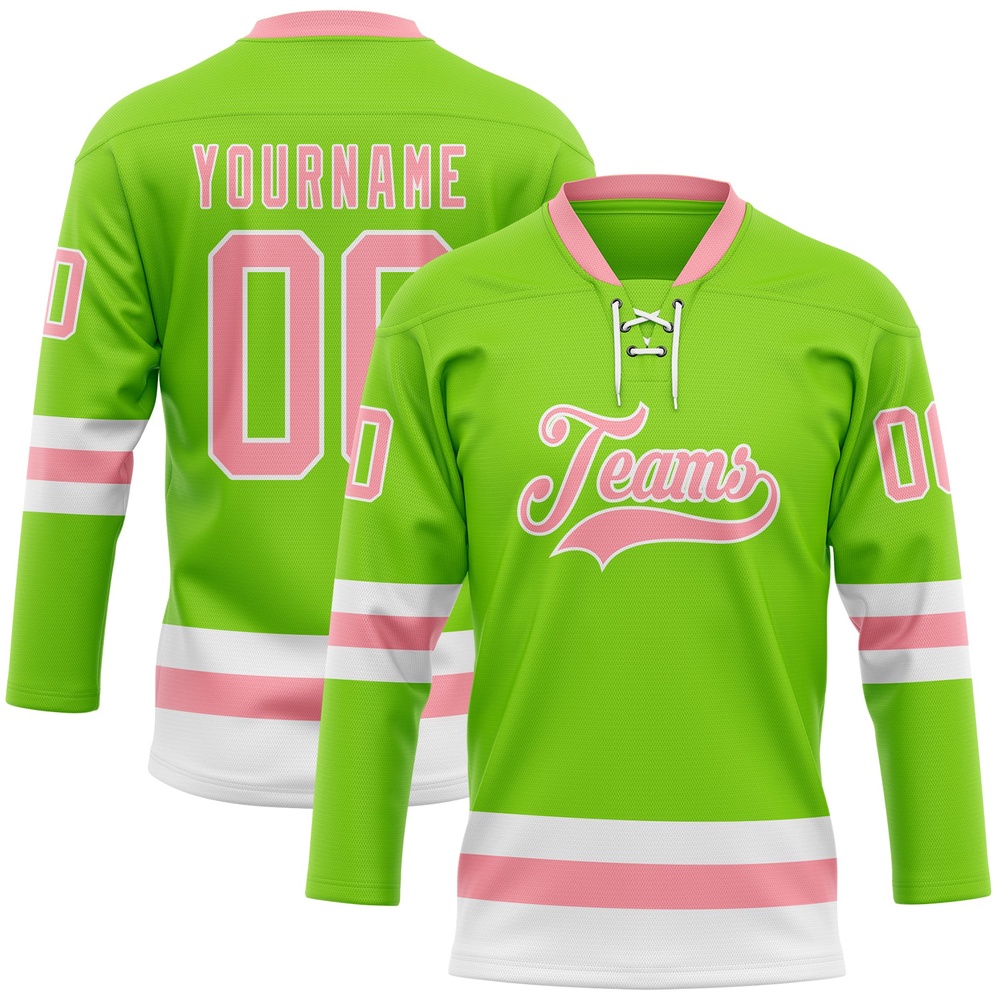 Custom Neon Green Medium Pink White Hockey Lace Neck Jersey, New Hockey Jersey, Personali Sport Team Jersey Shirt Custom Neon Green Medium Pink White Hockey Lace Neck Jersey, New Hockey Jersey, Personali Sport Team Jersey Shirt