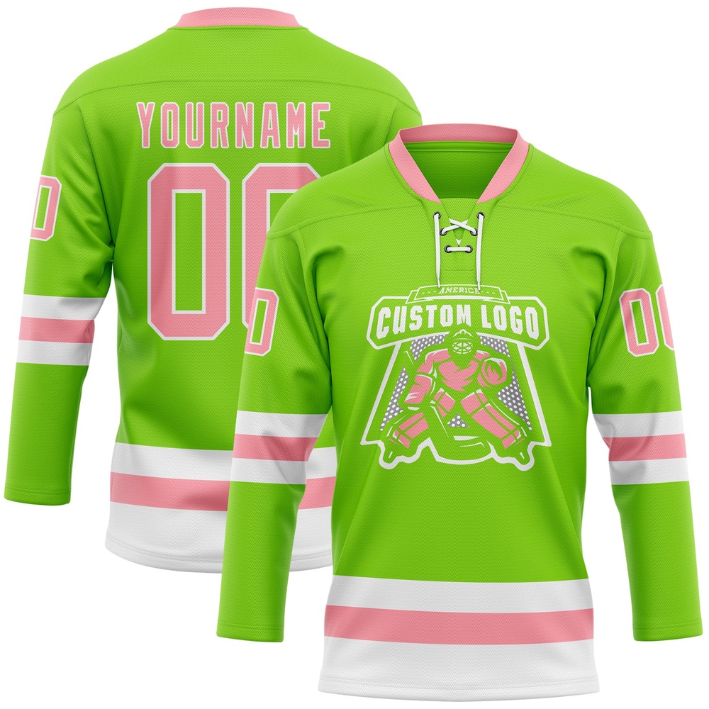 Custom Neon Green Medium Pink White Hockey Lace Neck Jersey, New Hockey Jersey, Personali Sport Team Jersey Shirt Custom Neon Green Medium Pink White Hockey Lace Neck Jersey, New Hockey Jersey, Personali Sport Team Jersey Shirt