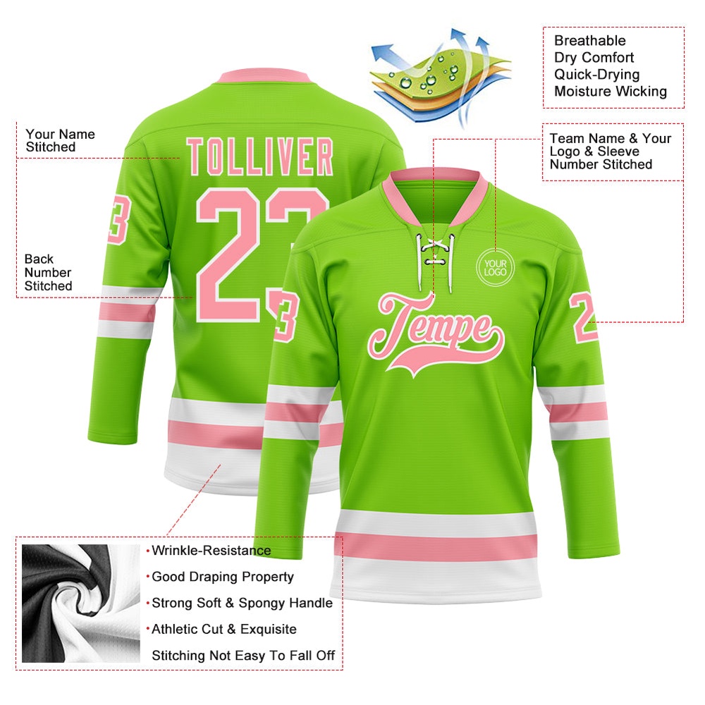 Custom Neon Green Medium Pink White Hockey Lace Neck Jersey, New Hockey Jersey, Personali Sport Team Jersey Shirt Custom Neon Green Medium Pink White Hockey Lace Neck Jersey, New Hockey Jersey, Personali Sport Team Jersey Shirt