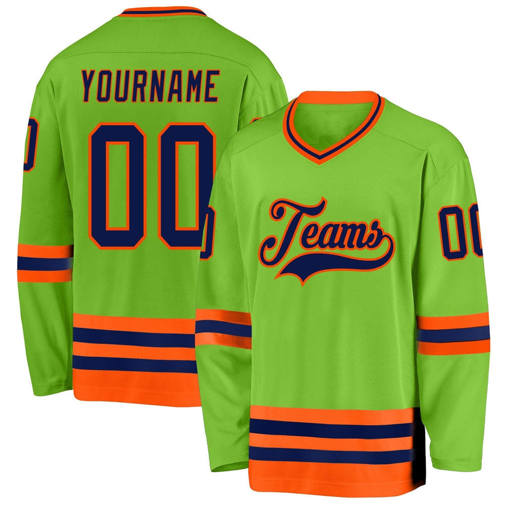 Custom Neon Green Navy Orange Hockey Jersey, New Hockey Jersey, Personali Sport Team Jersey Shirt Custom Neon Green Navy Orange Hockey Jersey, New Hockey Jersey, Personali Sport Team Jersey Shirt