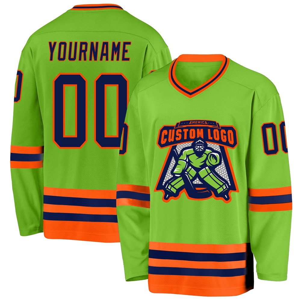 Custom Neon Green Navy Orange Hockey Jersey, New Hockey Jersey, Personali Sport Team Jersey Shirt Custom Neon Green Navy Orange Hockey Jersey, New Hockey Jersey, Personali Sport Team Jersey Shirt